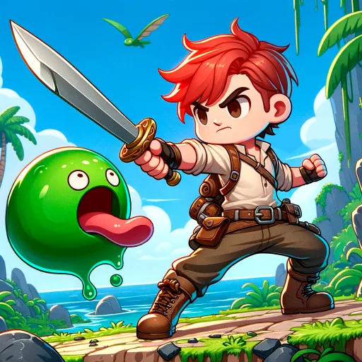 Official app icon for Explore Island: Craft, Survive, showing a red-haired adventurer beside a green creature.