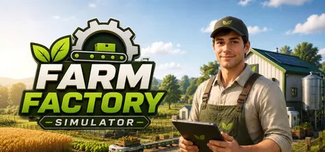 Official promotional artwork showing a farmer outside a factory beneath the game title.