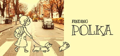 Finding Polka artwork combining a photographed street with line-drawn characters walking a dog