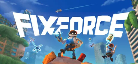 FixForce promotional illustration of small robots among rocky platforms.