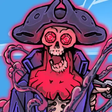 Official app icon for Flick Shot Rogues, showing a pink skeletal pirate holding a sword.