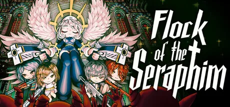 Flock of the Seraphim logo beside illustrated armed angelic characters and stained glass