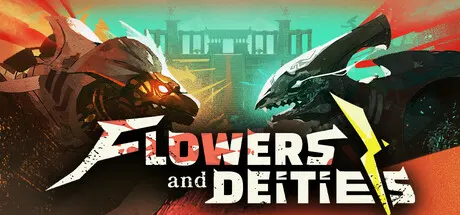 Flowers and Deities logo between two armored reptilian figures