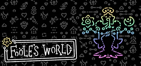 Colored outlined figures and arrows around the Fooles World title on black.