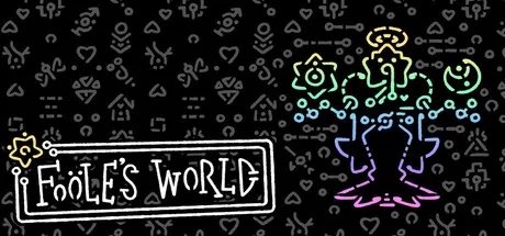 Colored outlined figures and arrows around the Fooles World title on black.