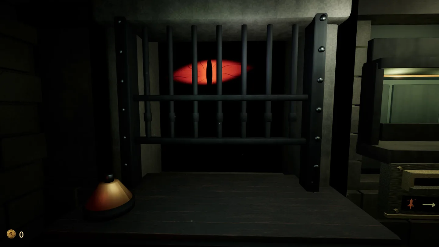 A service bell sits on a wooden counter. Behind vertical bars, a large red eye fills the dark. A coin counter in the corner reads 0.