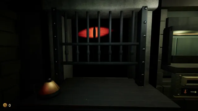 A service bell sits on a wooden counter. Behind vertical bars, a large red eye fills the dark. A coin counter in the corner reads 0.