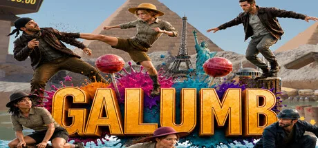 Illustrated competitors leap and balance around the Galumb title amid colorful obstacles.