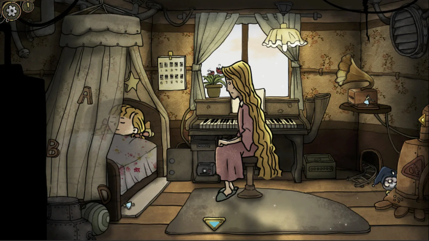A hand-drawn bedroom: a girl with long yellow hair sits at a small organ, another child sleeps behind a curtain marked with letters, and pipes and a gramophone fill the walls.