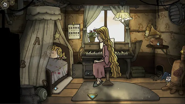 A hand-drawn bedroom: a girl with long yellow hair sits at a small organ, another child sleeps behind a curtain marked with letters, and pipes and a gramophone fill the walls.