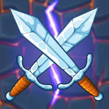 Official app icon for Harpagia: Offline Idle RPG, showing crossed blue swords on a dark background.