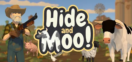 A low-poly hunter and farm animals stand beside the Hide and Moo! logo.