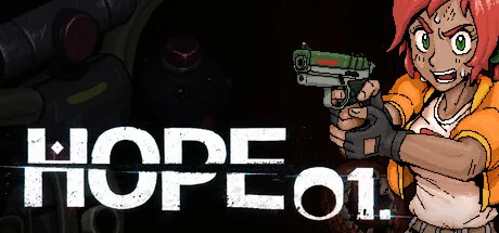 An illustrated red-haired character holding a pistol beside the HOPE 01 title.