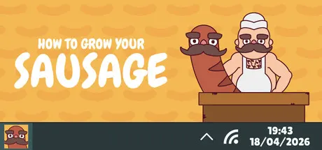A cartoon sausage and a butcher stand above a desktop taskbar.