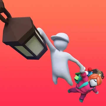 Official app icon for Human Fall Flat+, showing a pale figure hanging from a red mechanical arm.