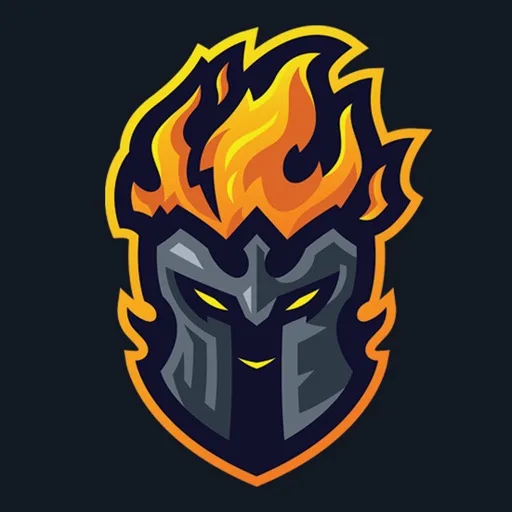 Official app icon for IdleMMO - Online Idle RPG, showing a dark helmet surrounded by orange flames.