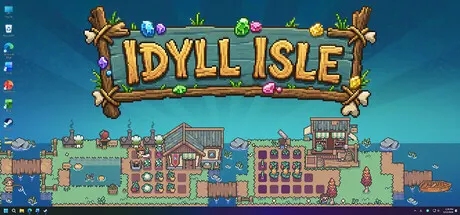 Idyll Isle promotional pixel art of an island and buildings beneath the title.
