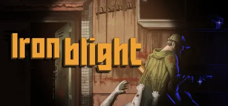 A person in a cap moves through a dark interior beneath the yellow Iron Blight title.