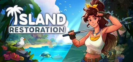 An illustrated woman holding a tool beside a tropical island and the Island Restoration title.