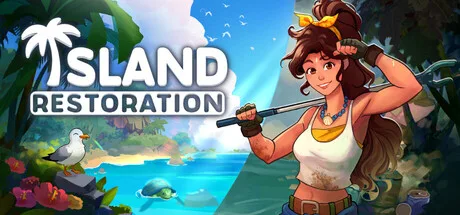 An illustrated woman holding a tool beside a tropical island and the Island Restoration title.