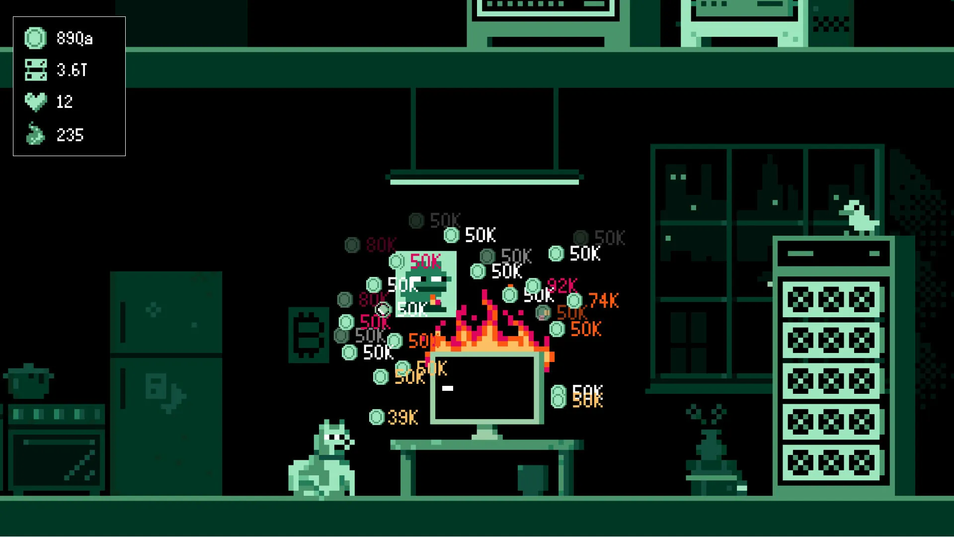 A pixel dog sits beside a desk. The monitor is on fire and numbers burst around it. A small pale creature perches on a server rack.