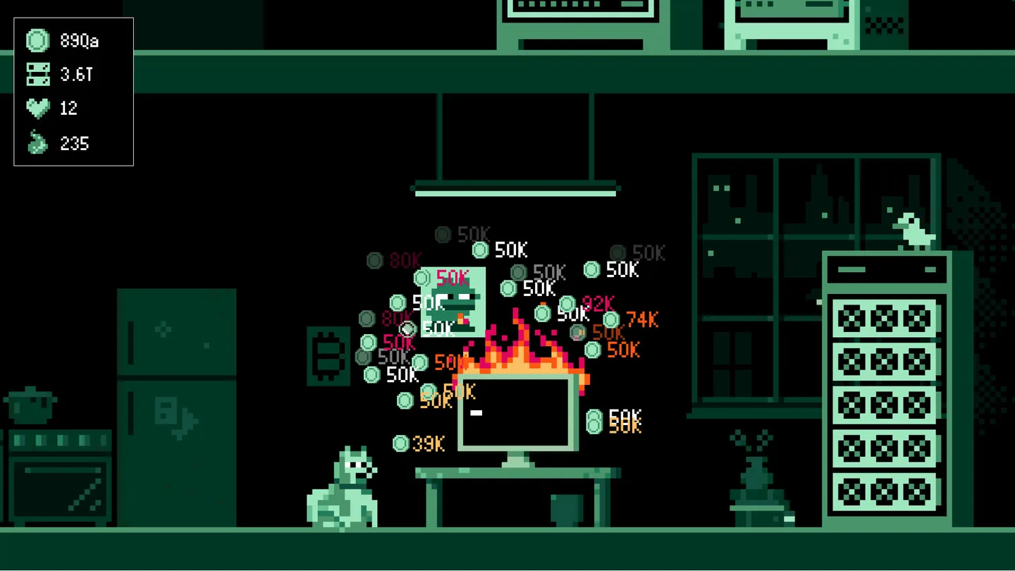 A green pixel room. A dog sits beside a desk while the monitor burns and numbers burst around the screen. A server rack stands at the right with a small pale creature on top.