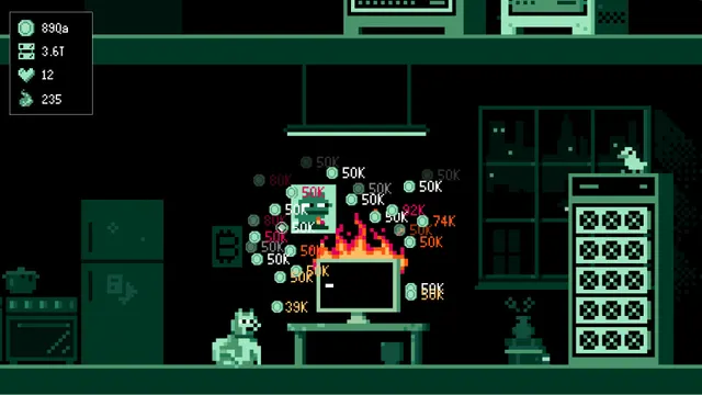 A green pixel room. A dog sits beside a desk while the monitor burns and numbers burst around the screen. A server rack stands at the right with a small pale creature on top.