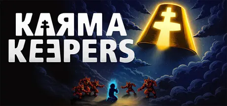 Karma Keepers logo and a glowing doorway above small figures in a stormy landscape