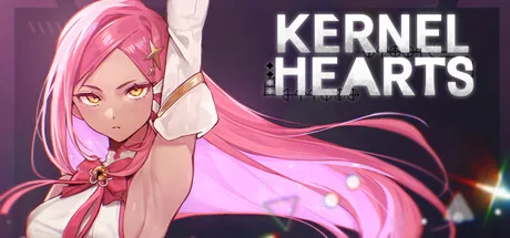 A pink-haired illustrated character raising one arm beside the Kernel Hearts title.