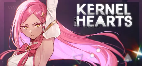 A pink-haired illustrated character raising one arm beside the Kernel Hearts title.