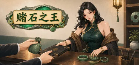 An illustrated woman examines a stone beside jade ornaments and the Chinese game title.