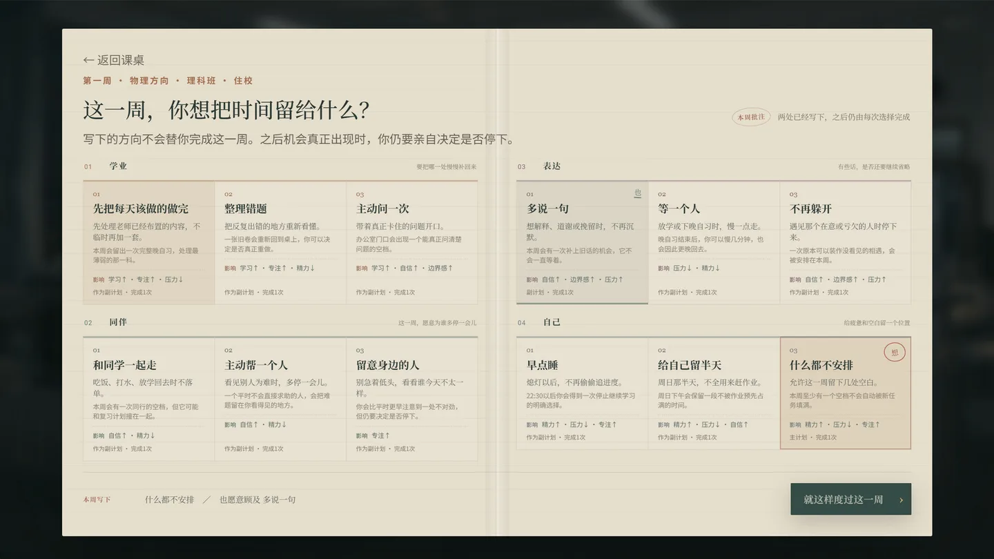 A two-page weekly planner headed 第一周 · 物理方向 · 理科班 · 住校. The large line asks what this week's time is for, and the sentence under it says writing the direction will not finish the week.
