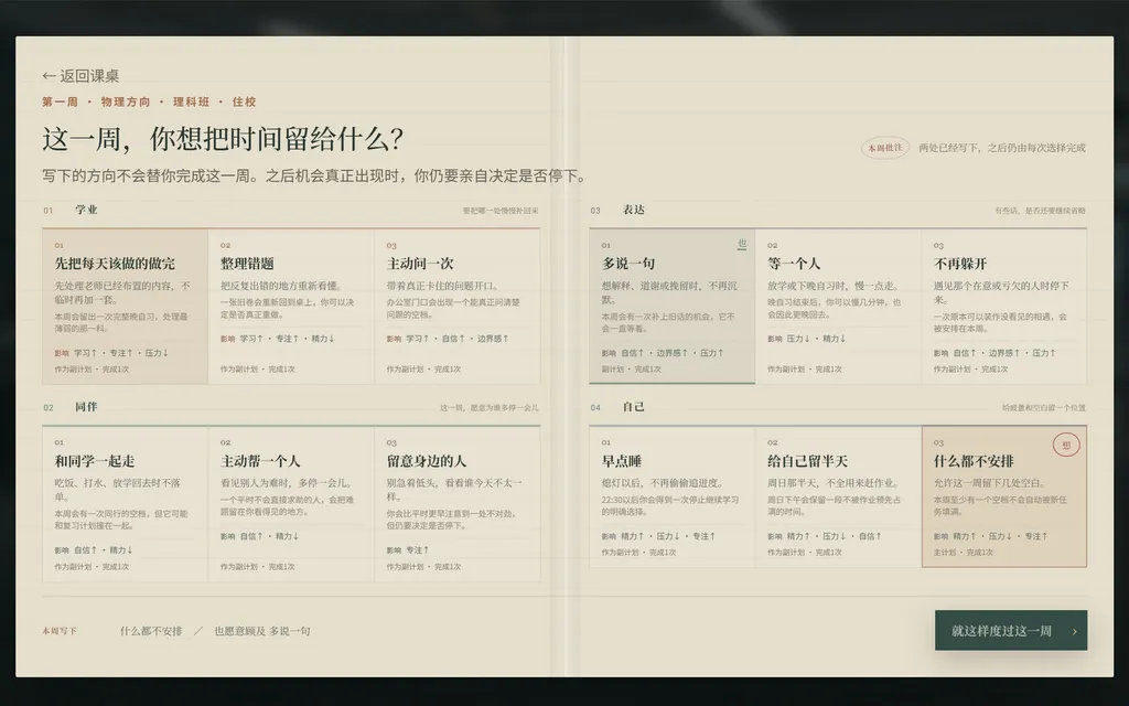 A two-page weekly planner headed 第一周 · 物理方向 · 理科班 · 住校. The large line asks what this week's time is for, and the sentence under it says writing the direction will not finish the week.