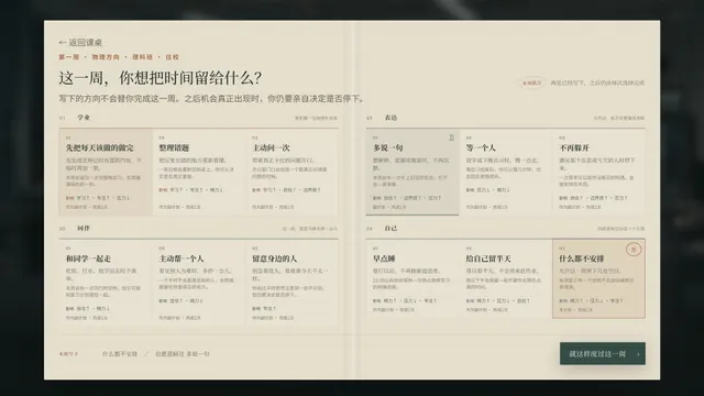 A two-page weekly planner headed 第一周 · 物理方向 · 理科班 · 住校. The large line asks what this week's time is for, and the sentence under it says writing the direction will not finish the week.