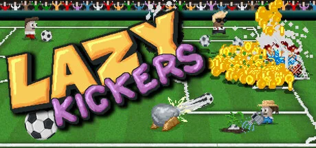 Lazy Kickers title above a pixel-art soccer field with players and coins.