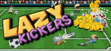Lazy Kickers title above a pixel-art soccer field with players and coins.