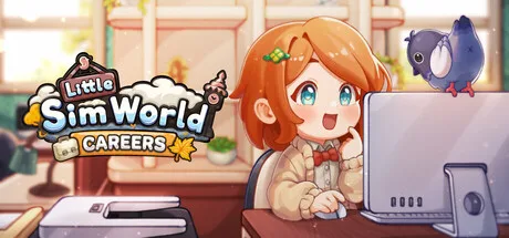 Official promotional artwork showing an illustrated red-haired character in a room beside the Little Sim World title.