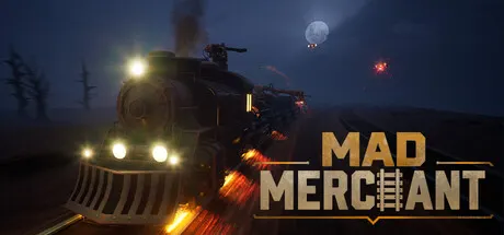 Mad Merchant promotional art with a locomotive traveling at night.