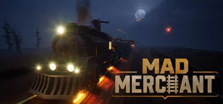 Mad Merchant promotional art with a locomotive traveling at night.