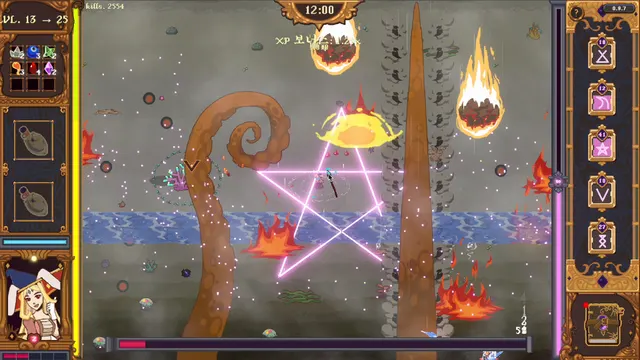 A top-down fight at 12:00. A glowing five-point star lies on the ground around a small figure, with fire falling nearby. Spell icons line the right edge. No hand is drawing the star.