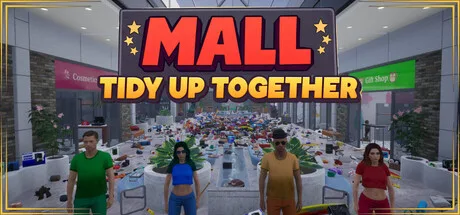 Mall title over four figures and scattered products between store fronts