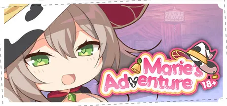 Marie’s Adventure artwork showing a smiling illustrated character in a cow-patterned hat beside the 18+ title