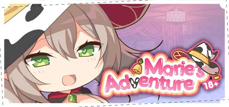 Marie’s Adventure artwork showing a smiling illustrated character in a cow-patterned hat beside the 18+ title