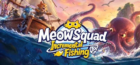 A cat in a boat beside a giant tentacle under the Meow Squad title.