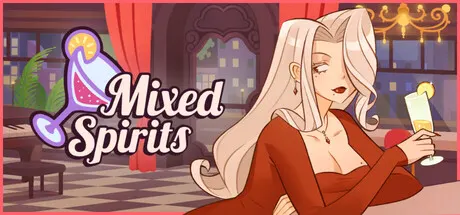 An illustrated blonde bartender holding a yellow drink beside the Mixed Spirits logo.