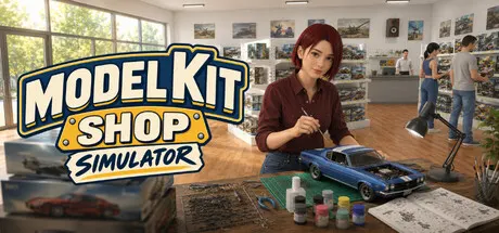 An illustrated customer assembles a blue car model amid paints and tools in a hobby shop.