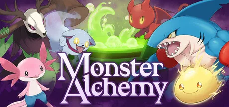 Colorful illustrated monsters gather around a green cauldron and the Monster Alchemy logo.