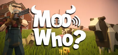 Low-poly hunter with a shotgun and cattle beside the Moo Who? logo