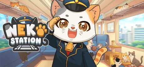 Neko Station promotional illustration of a cat conductor in a carriage of cats.