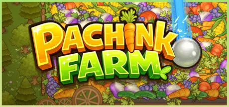 Pachinko Farm logo over a bright collage of produce, a cart and a metal ball
